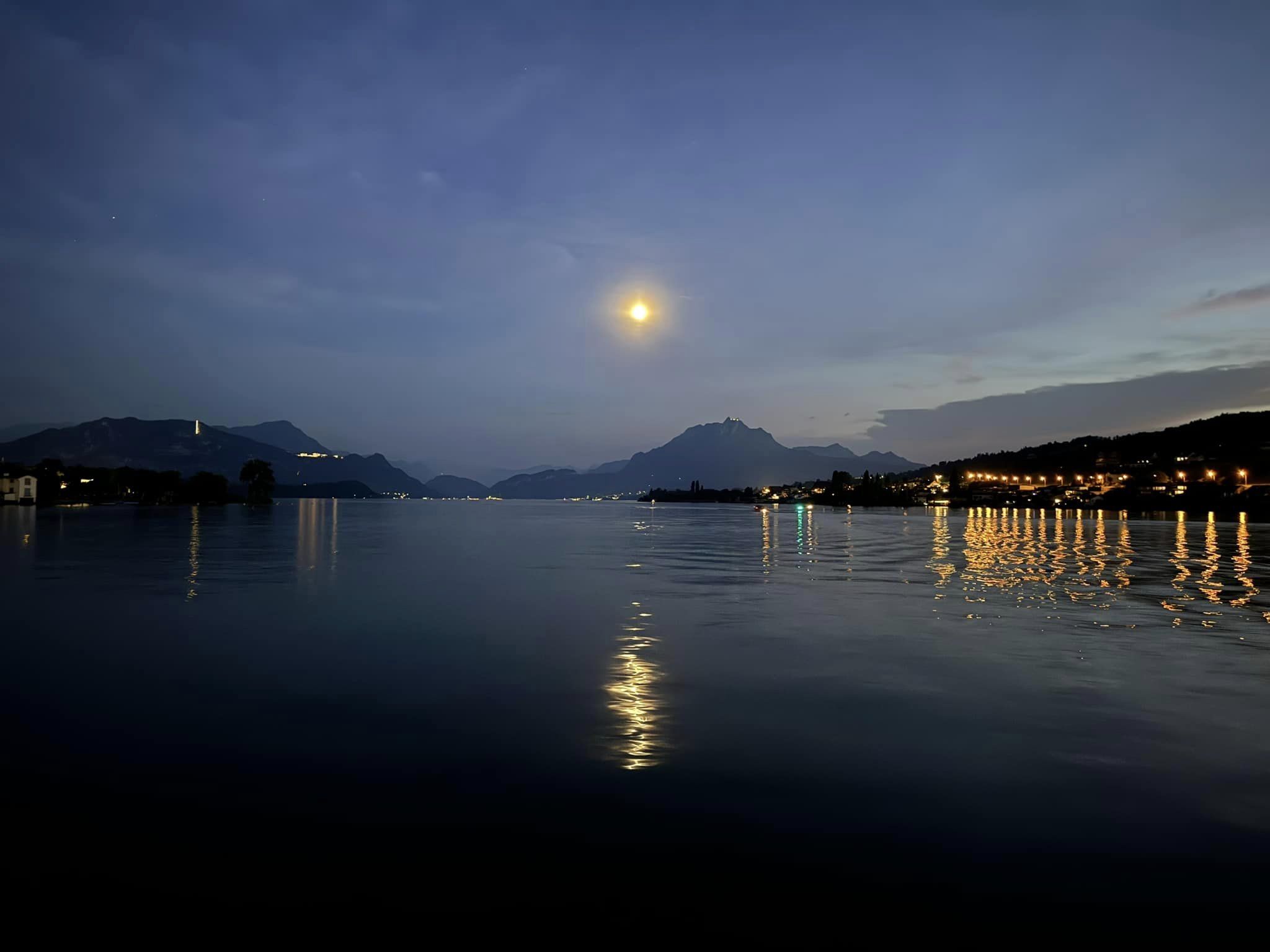 Picture looking out over lake Lucerne after vacation dinner with my wife.